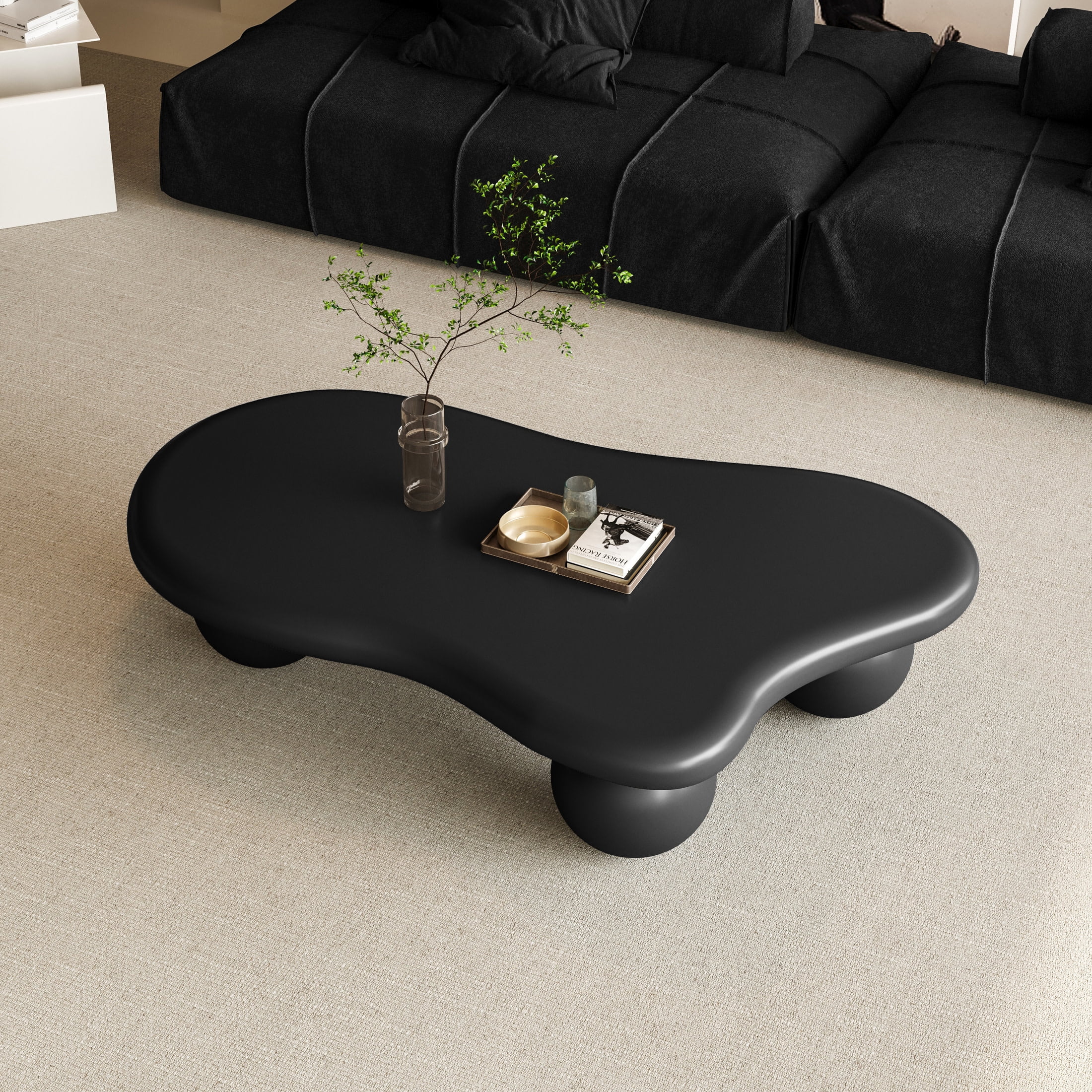 Noble House 47" Cloud Shaped Coffee Table with Ball Legs, Modern Aesthetic Accent Table for Living Room, Black