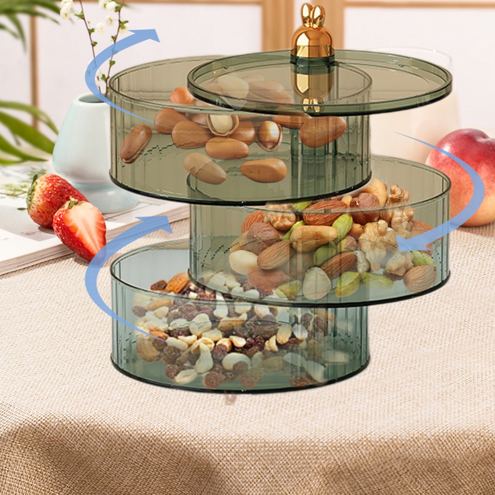 Kraoden Snack Organizer Container with Lid and Handle, Multi-Layer Rotating Tray for Parties and Travel, Portable Divided Serving Box, Easy-to-Clean Food-Grade Storage for Snacks and Produce