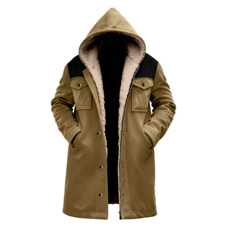 Men's Longline Suede Hooded Jacket, Knee-Length Military Coat with