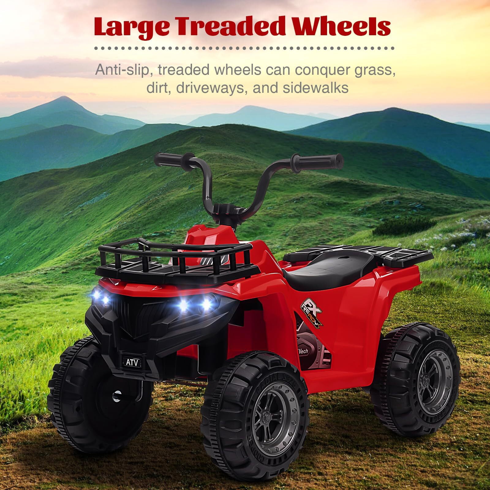 Sakiyr 12V Kids Ride On ATV, Battery Powered Electric Vehicle with Led Light, 4-Wheeler Quad ATV Play Car 2 Speeds for Boys Girls