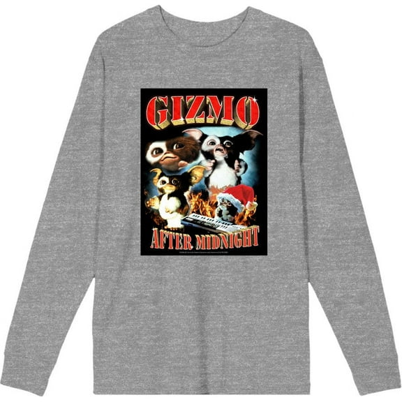 Gremlins Gizmo After Midnight Adult Heather Gray Crew Neck Long Sleeve Tee-Medium