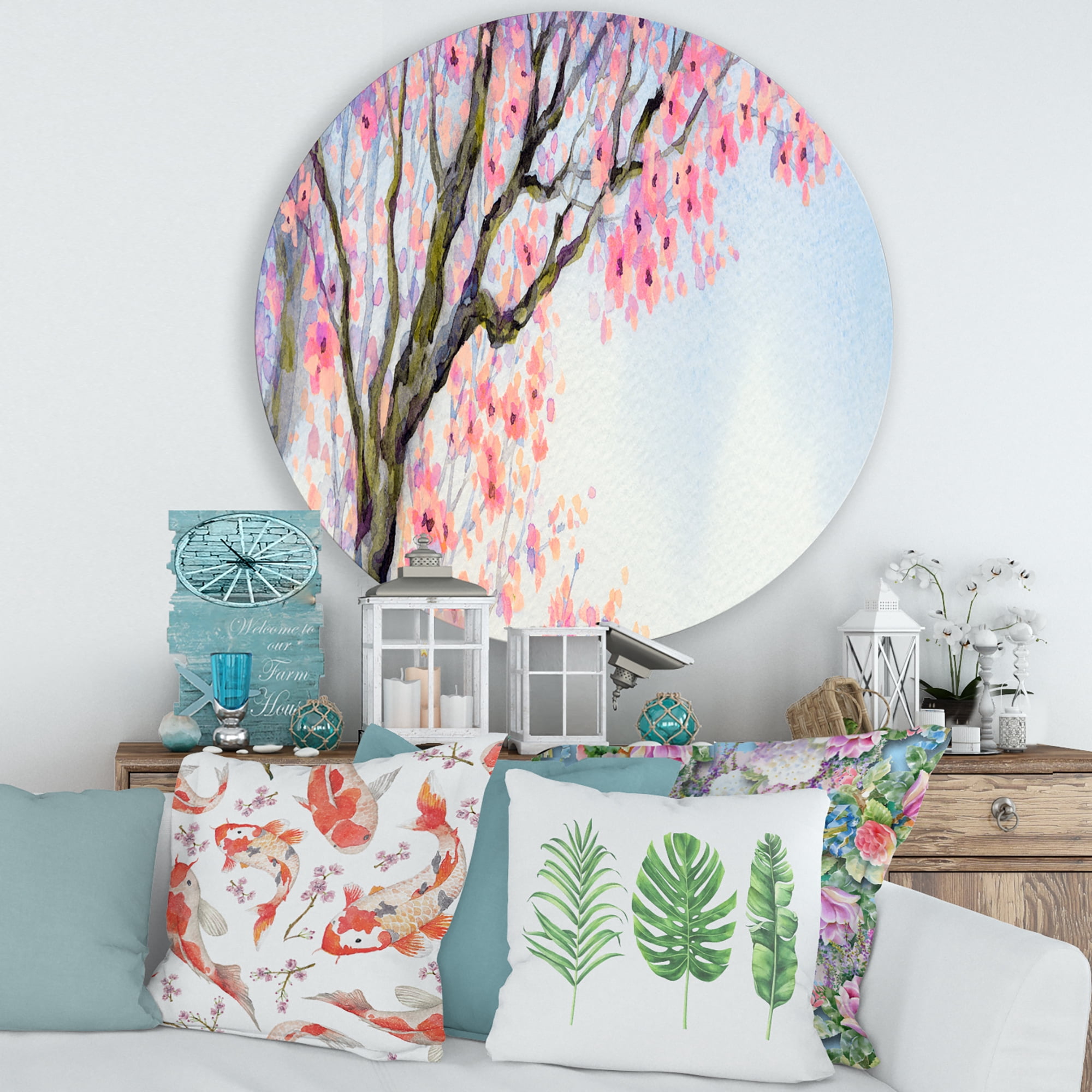 Designart 'Beautiful Pink Bird Sitting On Flowering Branch' Traditional Circle Metal Wall Art 36x36 - Disc of 36