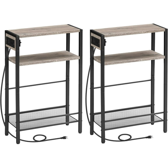 Small Narrow Side Table with Charging Station Set of 2, Skinny End Table for Small Spaces, Slim Nightstand with USB Ports Outlet, Sofa Beside Table with Storage Shelf BG102UBZP201