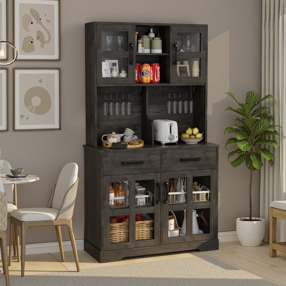 Opohoro 71" Farmhouse Kitchen Pantry Cabinet with Hutch, Wine Glass Racks, Drawers & Charging Station, Oak Gray