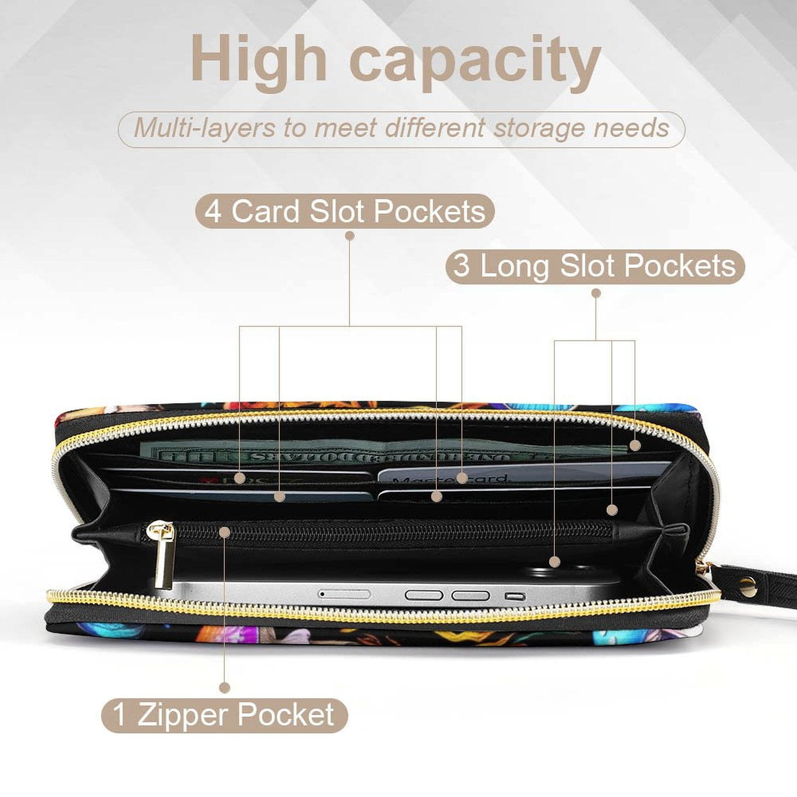 Womens Wallet Bifold Ladies Cluth Bag Wristlet Wrist Strap Long Purse Fantasy Mushroom Design