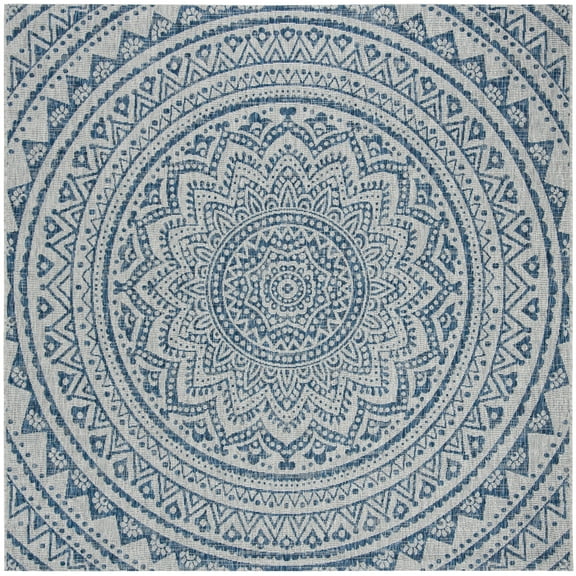 SAFAVIEH Courtyard Josiah Geometric Indoor/Outdoor Area Rug, Light Grey/Blue, 3' x 3' Square