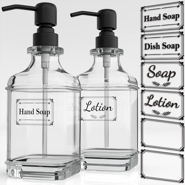 Dispensador de jabón, paquete de 2, dispensadores de jabón de manos de vidrio grueso de diseño antiguo de 18 oz; con bomba de acero inoxidable 304 a prueba de óxido, para cocina, baño -