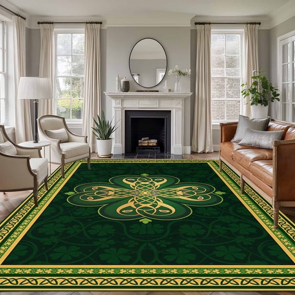5'x7' Area Rugs for Living Room Bedroom, Saint Patrick's Day Washable Rug Carpet Runner Indoor Outdoor, Boho Green Golden Leaves Ethnic Motifs Non Slip Floor Mats Area Rug for Kitchen, Nursery