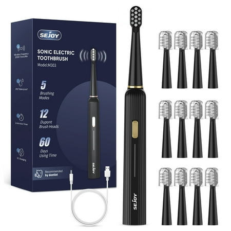 SEJOY Sonic Electric Toothbrush Adults and Kids, Rechargeable Power Toothrush with 12 Brush Heads, 5 Modes and Smart Timer, Black