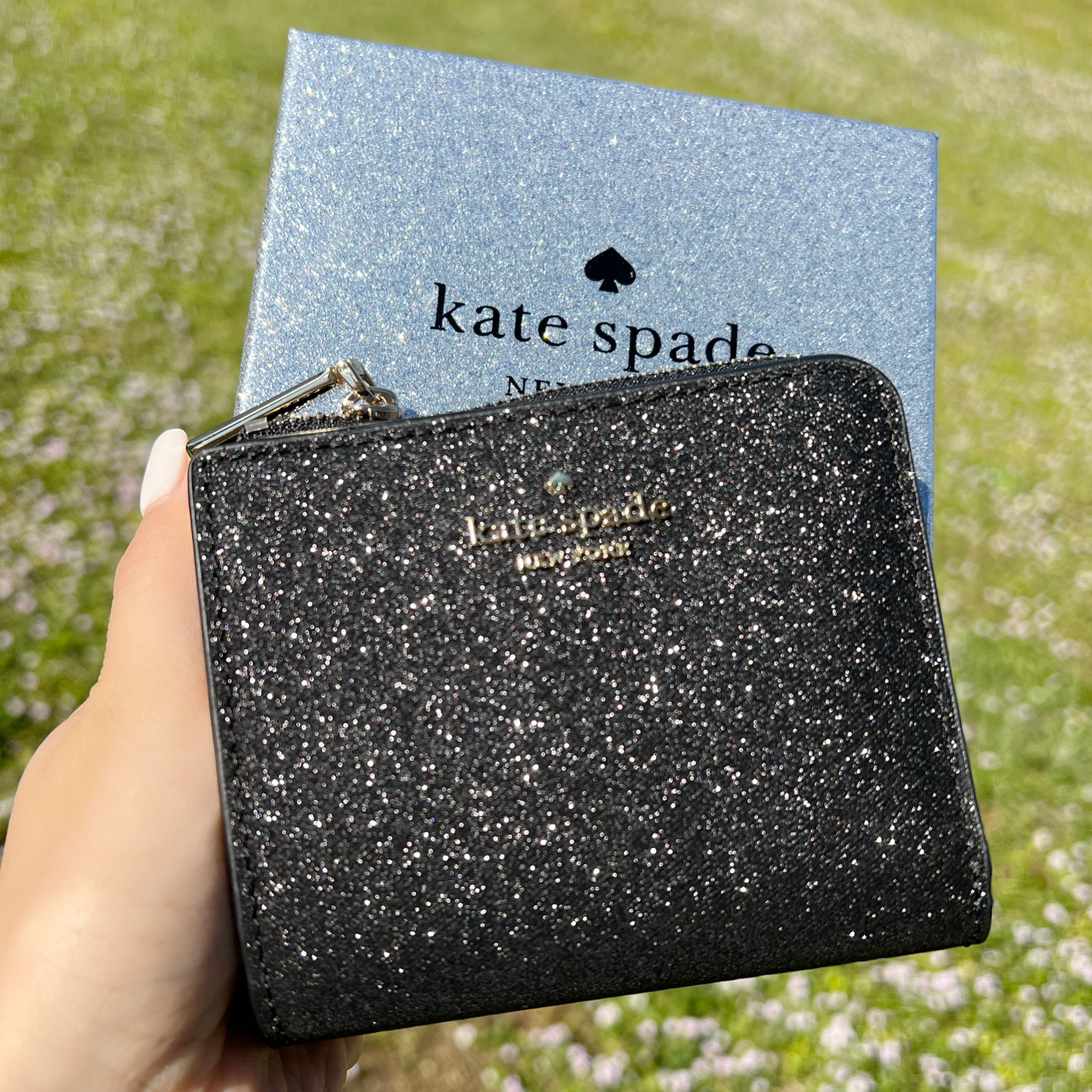 Kate Spade K4711 Small L-Zip Bifold Wallet Shimmy Glitter Black Gift Box -  