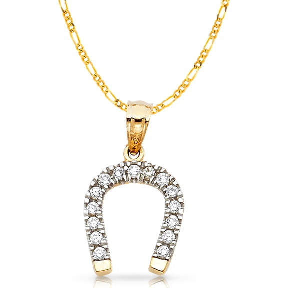14K Yellow Gold Cubic Zirconia CZ Lucky Horseshoe Charm Pendant with 2.3mm Figaro 3 1 Chain Necklace