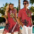 thumbnail image 3 of Jeiento Polynesian Couples Vacation Outfits Matching Sets Shirt for Men Short Sleeve Hawaiian Shirts Floral Womens Dresses Sleeveless Tiered Summer Mini Dress Mens Button Up Shirt, Red, 3 of 6