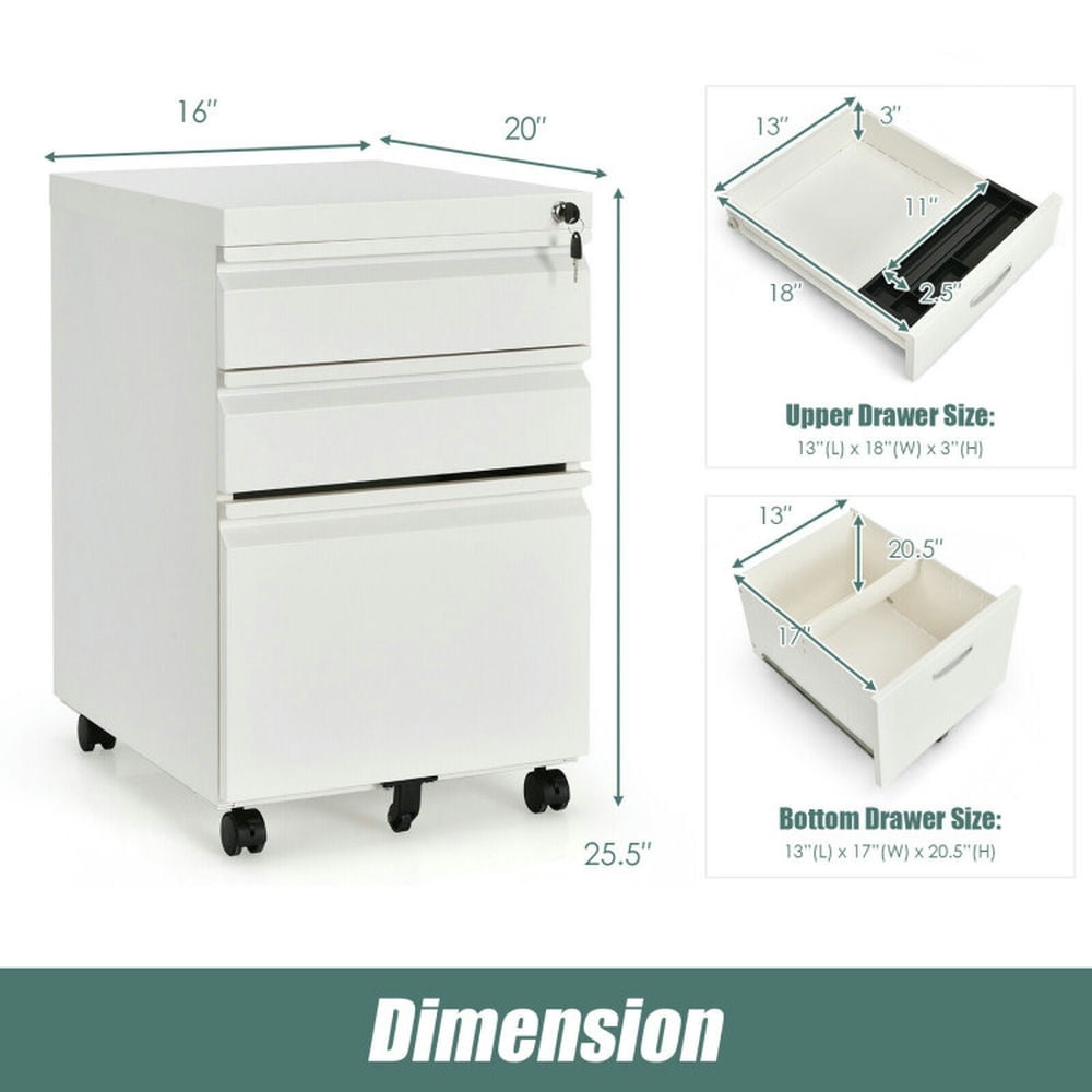 Demi Bonn 3-Drawer Mobile File Cabinet with Lock, Stee Filing Cabinet for Home Office, White
