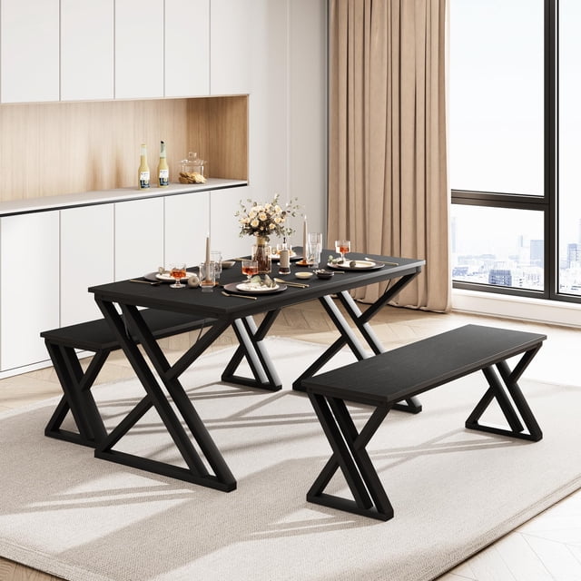 Kojooin Kitchen Table with Benches, Dining Table Set for 4, Saving Space Dining Room Table Set for Kitchen, Dining Room, Apartment, Sturdy Metal Frame
