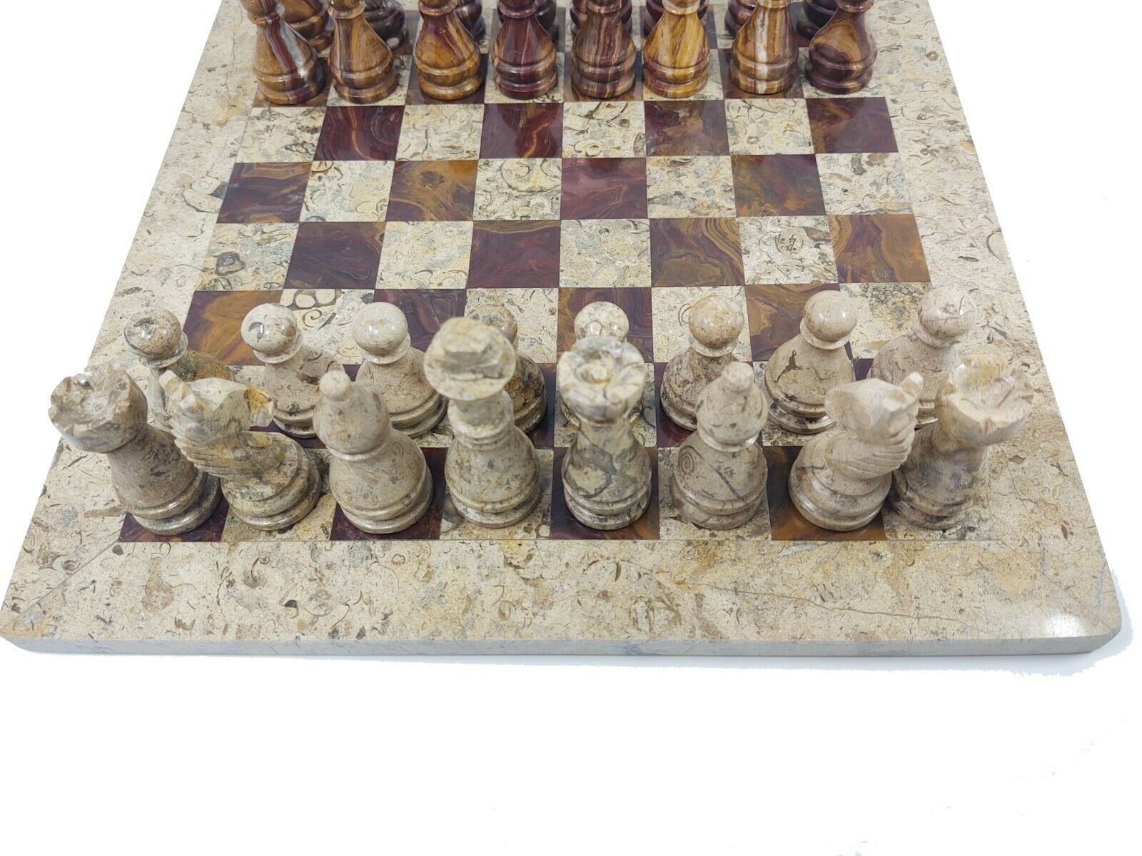 JT Handmade Fossil Coral and Dark Brown / Red Marble Chess Game Set – 12 inch