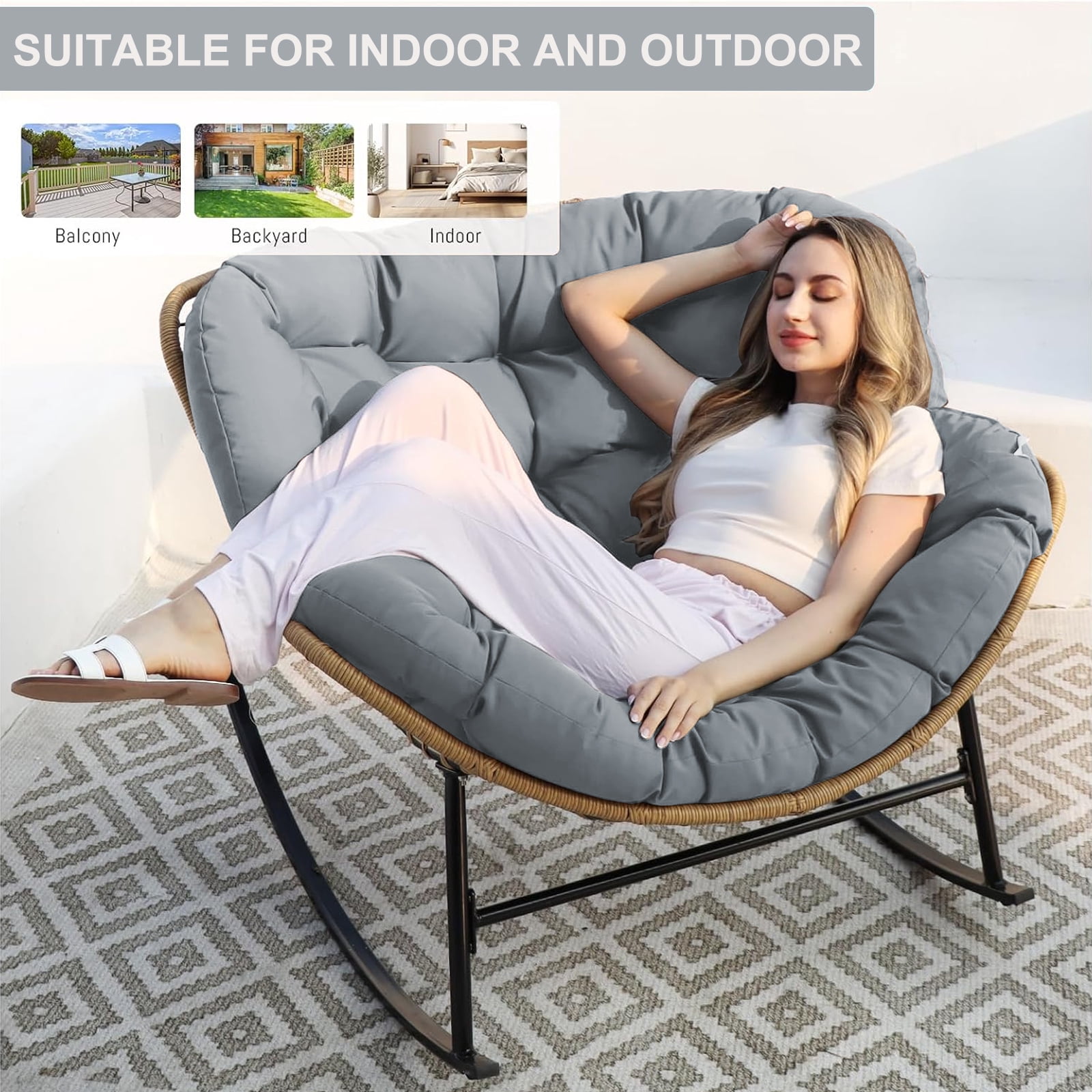 XXLYY Outdoor Rocking Chair Cushions – 6.3" Thick Waterproof Papasan Egg Chair Pad with Ties, Comfortable Round Seat Cushion for Living Room, Patio, Porch, or Balcony