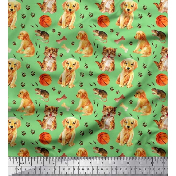 Soimoi Crepe Silk Fabric Footprint,Dog & Cat Animal Printed Fabric 1 Yard 42 Inch Wide