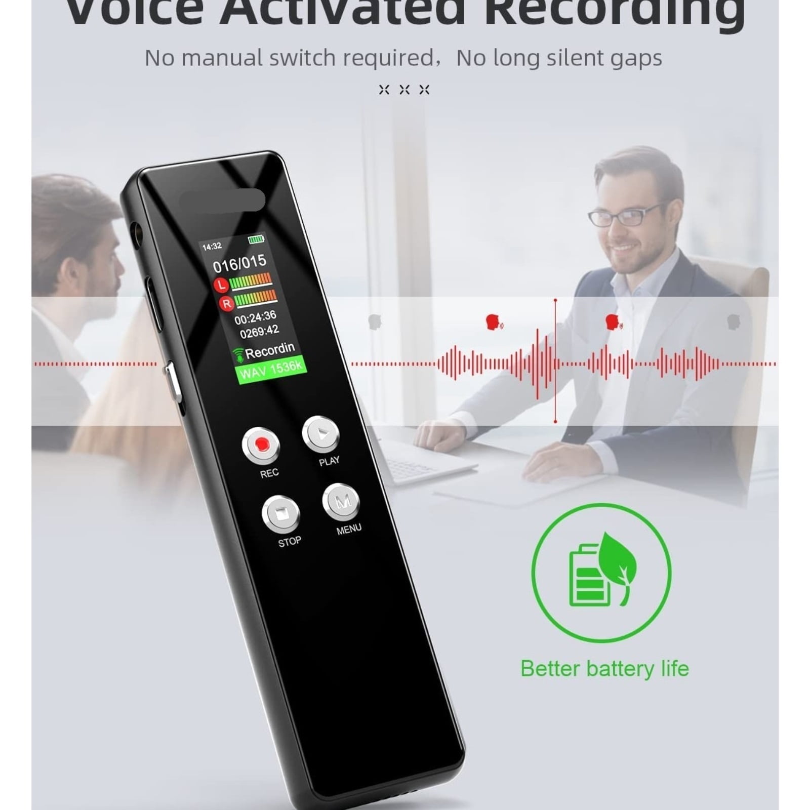 Digital Voice Recorder Dictaphone, Voice-Activated with Replay for Meetings and Presentations
