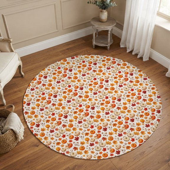 Small Round Rug 3Ft, Orange Pumpkins Thanksgiving Non-Slip Washable Circle Rugs Carpet, Maple Leaves Filling Fall Indoor Outdoor Rug Floor Mats Throw Runner for Bedroom Living Room Bathroom