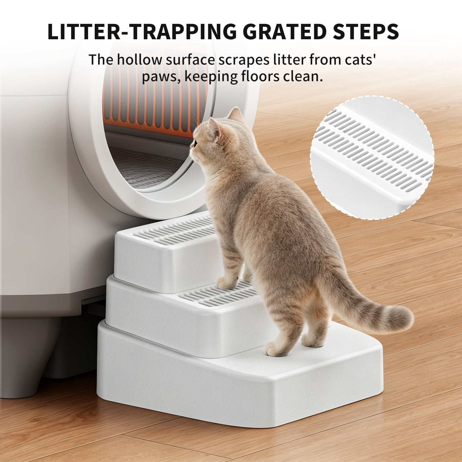 3 Steps Litter Box Ramp with Filter Function, Detachable Litter Trapper, Easy Clean Adjustable Cat Litter Stair for Small & Elderly Cats, White