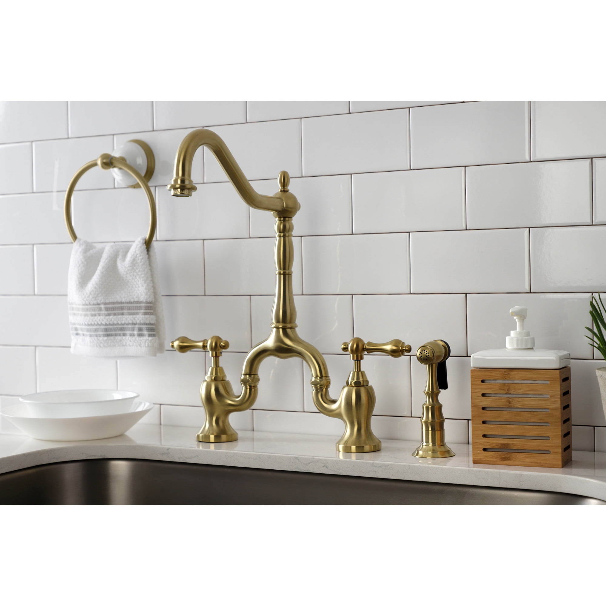 Kingston Brass KS7757ALBS English Country Two-Handle 3-Hole Deck Mount Bridge Kitchen Faucet with Brass Side Sprayer in Brushed Brass