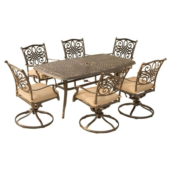 Hanover Traditions 7-Piece Patio Dining Set, Cast Aluminum Top, Seats 6, Tan