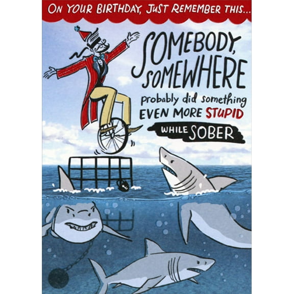 Designer Greetings Man Riding Unicycle on Shark Cage Funny / Humorous Birthday Card