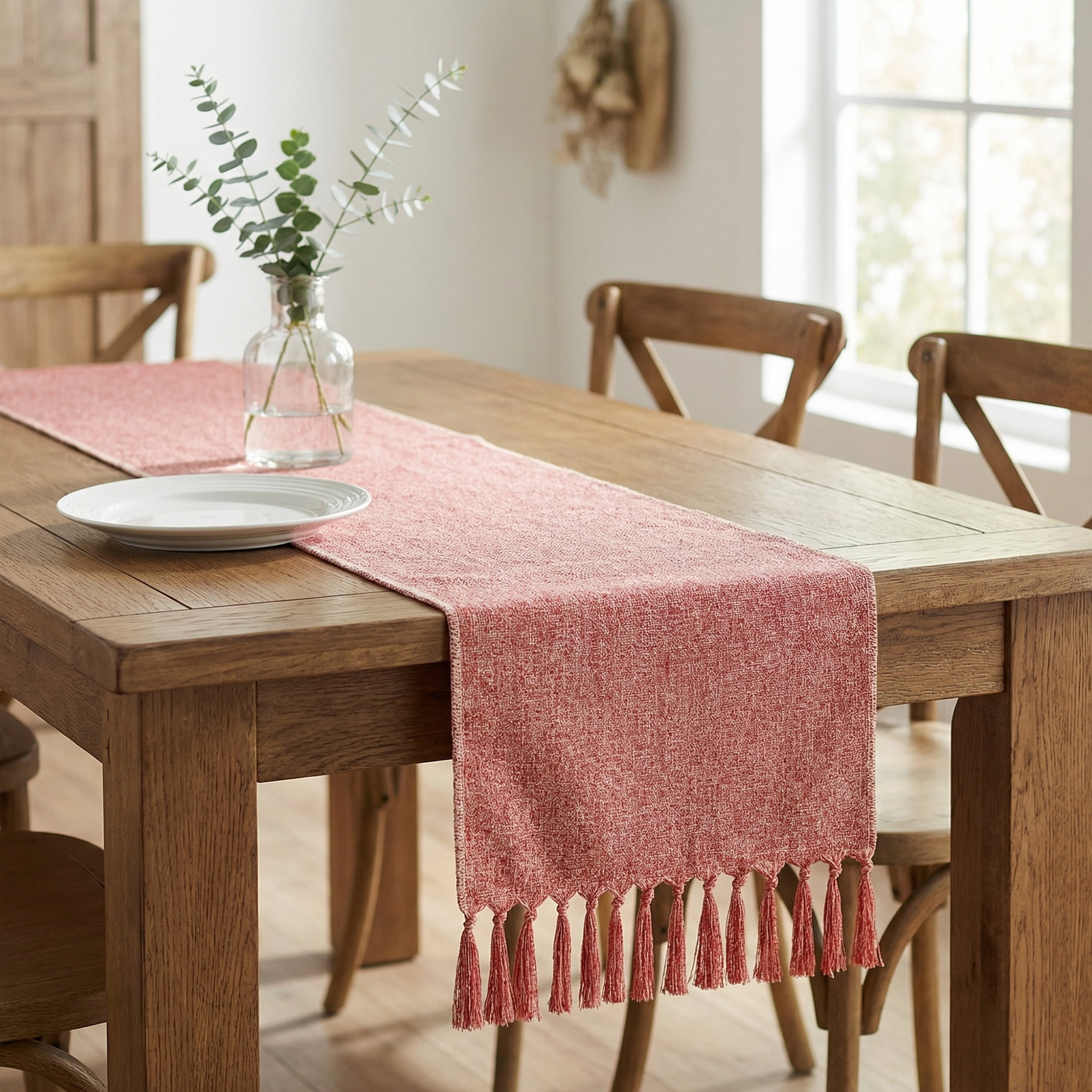 Unique Bargains Birthday Decorations Table Runner with Tassels Pink 13x72in