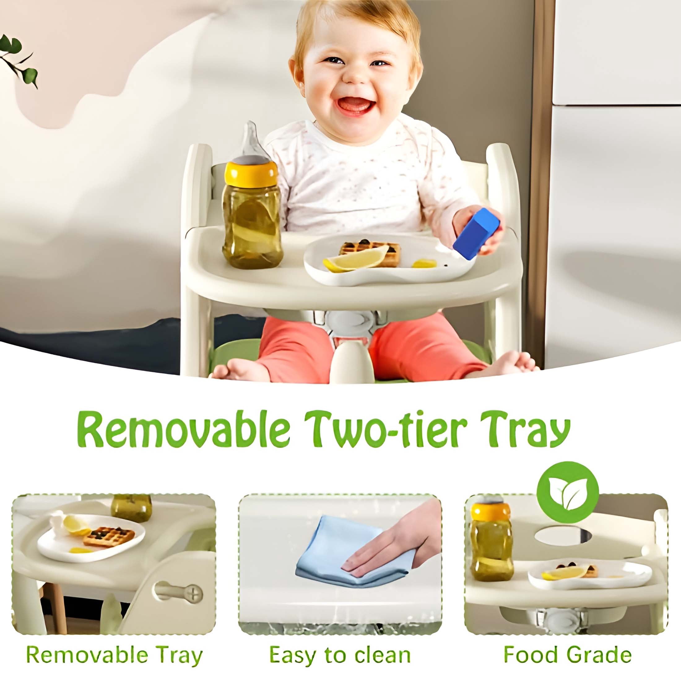 Adjustable Multifunctional High Chair,Child Feeding Seat with 5-Point Safety Harness and Removable Large Tray