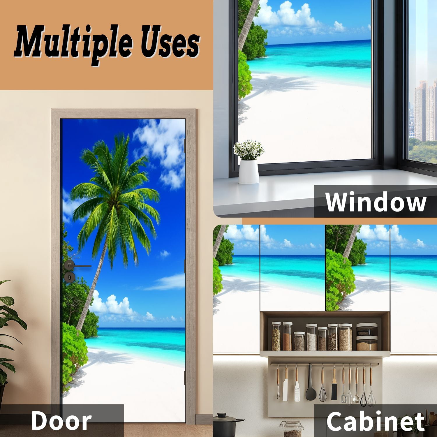 Self Adhesive Vinyl Refrigerator Wrap Set Tropical Paradise Beach Maldives Door Mural Removable Fridge Sticker Peel and Stick&nbsp;Full Door Cover Decal Kitchen Bar Decor