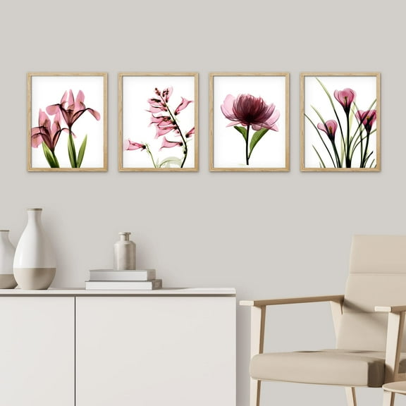 PixonSign Framed Wall Art X-Ray Pink Botanical Floral Flower Prints, Set of 4 Rustic Wildflowers Paintings, Country/Farmhouse Minimalism Adhesive Canvas Posters for Home Decor - 11"x14" Natural
