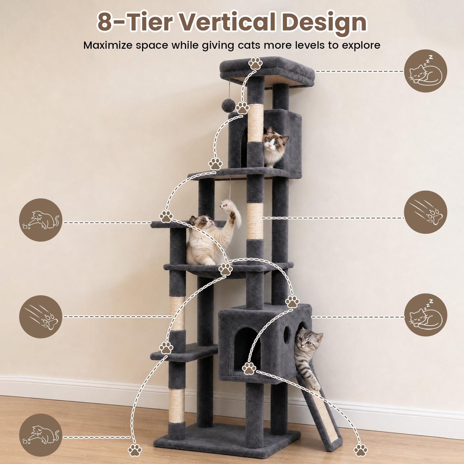 70" Cat Tree Tower, Heavy Duty Cat Tower for Multiple Adult Cats, Multi-Level Tall Cat Tree with 2 Condos, Hammock and Scratching Post for Indoor Kitties, Light Grey