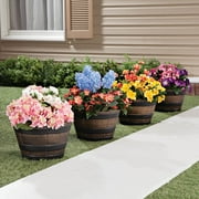 Wood-Look Barrel Planters, Lightweight Durable Plastic, Outdoor Décor, Rustic – 8” H x 13” Dia