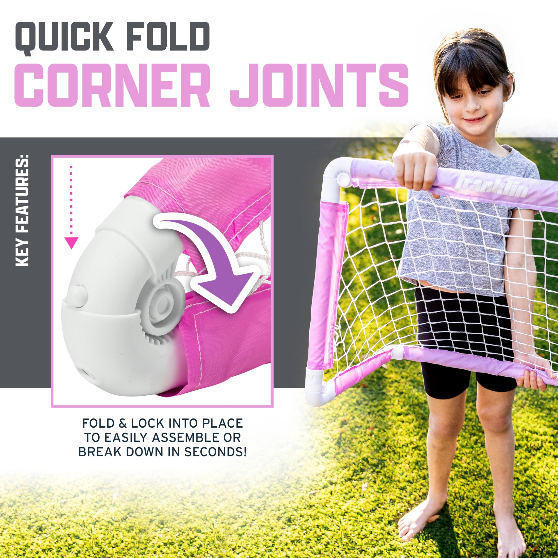 Franklin Sports Kids Mini Soccer Goal with Ball and Pump – 24inch x 16inch Folding Goal – Great For Backyard or Indoor Play – Pink/Purple
