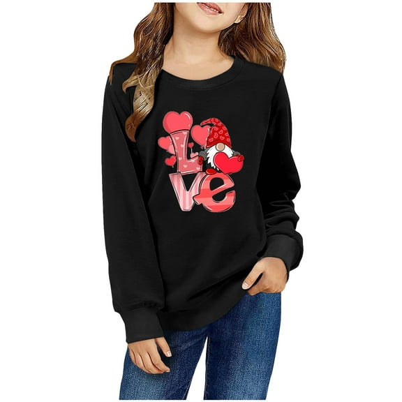 Spazoro Kids Girls Sweatshirts, Heart Print Long Sleeve Valentine's Day Crew Neck Casual Blouses Tops for Child Girls Black Size 9 T