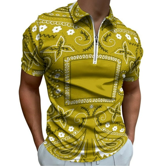 Paisley Bandana Pattern Yellow Men Zipper T-shirt Summer Casual Short Sleeve T-shirt Top