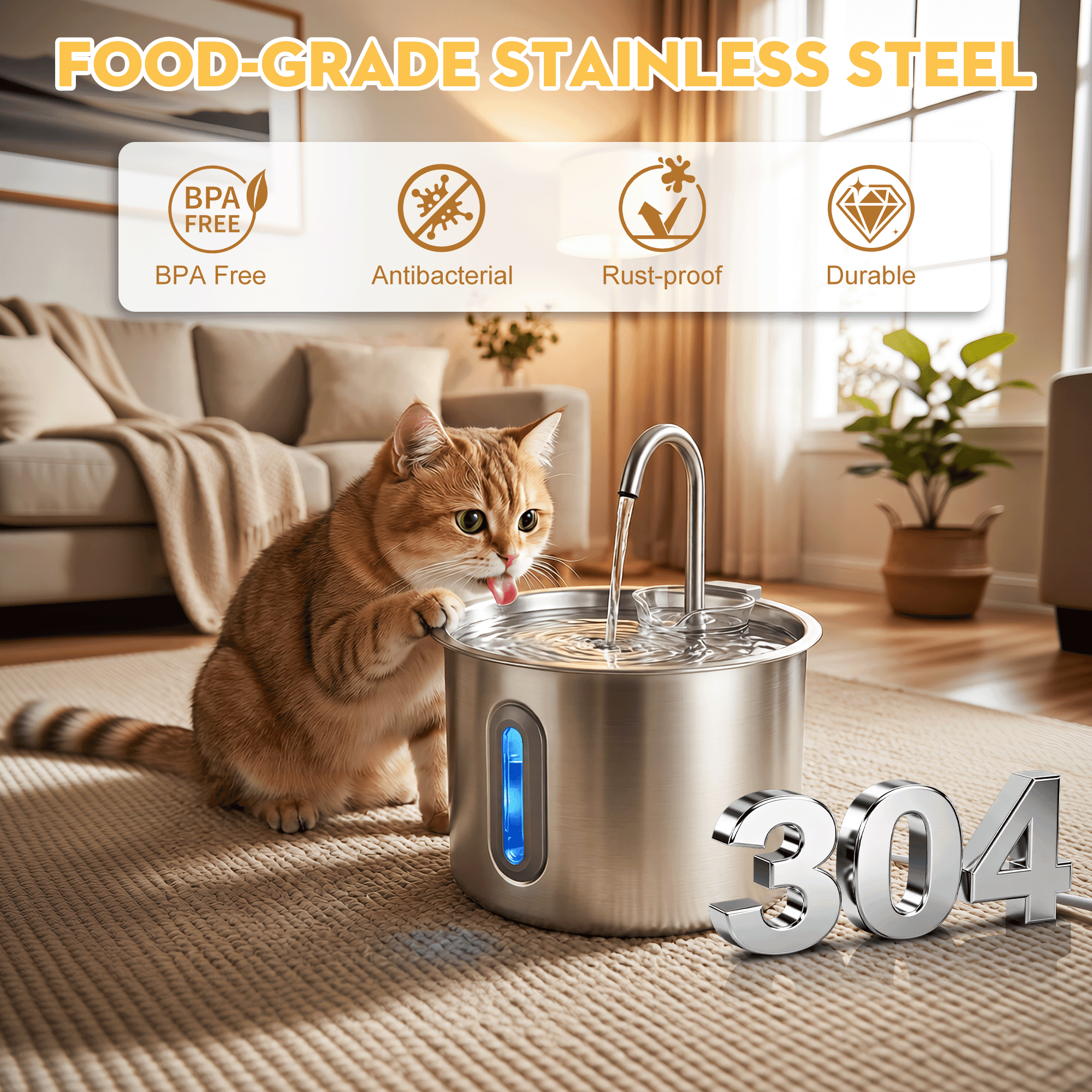 NIGHTEEN Cat Water Fountain Stainless Steel Automatic Pet Water Dispenser for Cats and Dogs with Replacement Filters, 2.2L