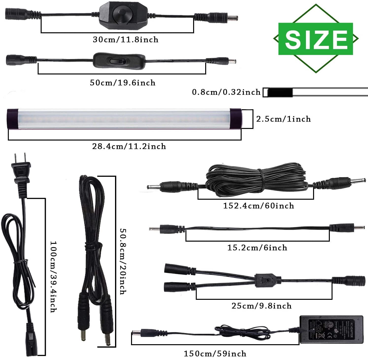 AIBOO LED Under Cabinet Lighting Kit, Plug in Strip Lights with Dimmer Switch（24w,8 lights)