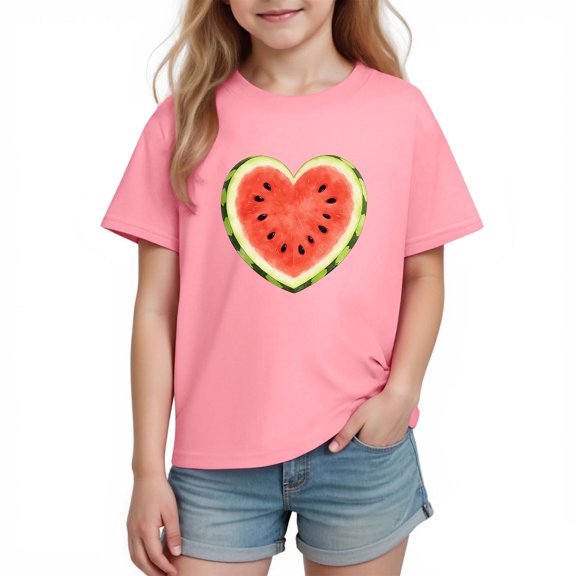 ABSUYY Cute Girls Watermelon T-Shirt Fruit Print Heart 100% Cotton Short Sleeve Graphic Tee, Pink,Size 3 T