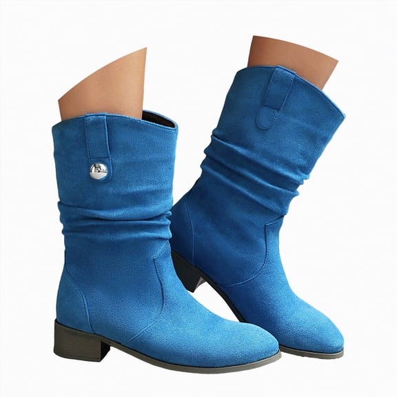 UngA Woman Boots Slouch Boots Fashion Slouchy Suede Pointed Toe Block Low Heels Wide Calf Boots Winter Fall Dress Boots Women Mid Calf Blue,Size 7.5
