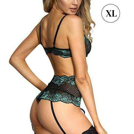 

Women Fashion Lingerie Set with Garter Belts Bra Panty Floral Underwear Green XL