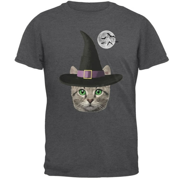Halloween Funny Cat Witch Dark Heather Adult T-Shirt - X-Large