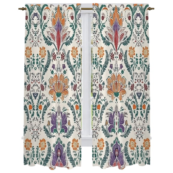 Boho Flowers Kitchen Curtain for Berdoom Living Room Cafe 72 Inch Length, Vintage Bohemian Ethnic Floral Leaves Tiers Curtains Light Filtering Drapes Rod Pocket Window Treatment 2 Panels 52"Wx72"L