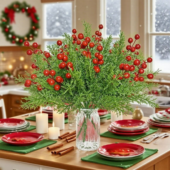Artificial Christmas Flower Bouquet 7 Forks Red Faux Rattan Flowers Greenery Potted Plants Holiday Decor Silk Floral Arrangement for Home Table Centerpieces Weddings Parties