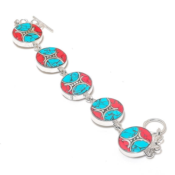 Natural Italian Red Coral Gemstone 925 Sterling Silver Bracelet 7-8"