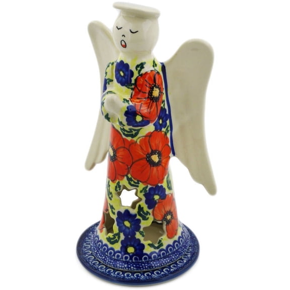 Polish Pottery 9-inch Angel Figurine (Red Star Theme) Signature UNIKAT Hand Painted in Boleslawiec, Poland   Certificate of Authenticity