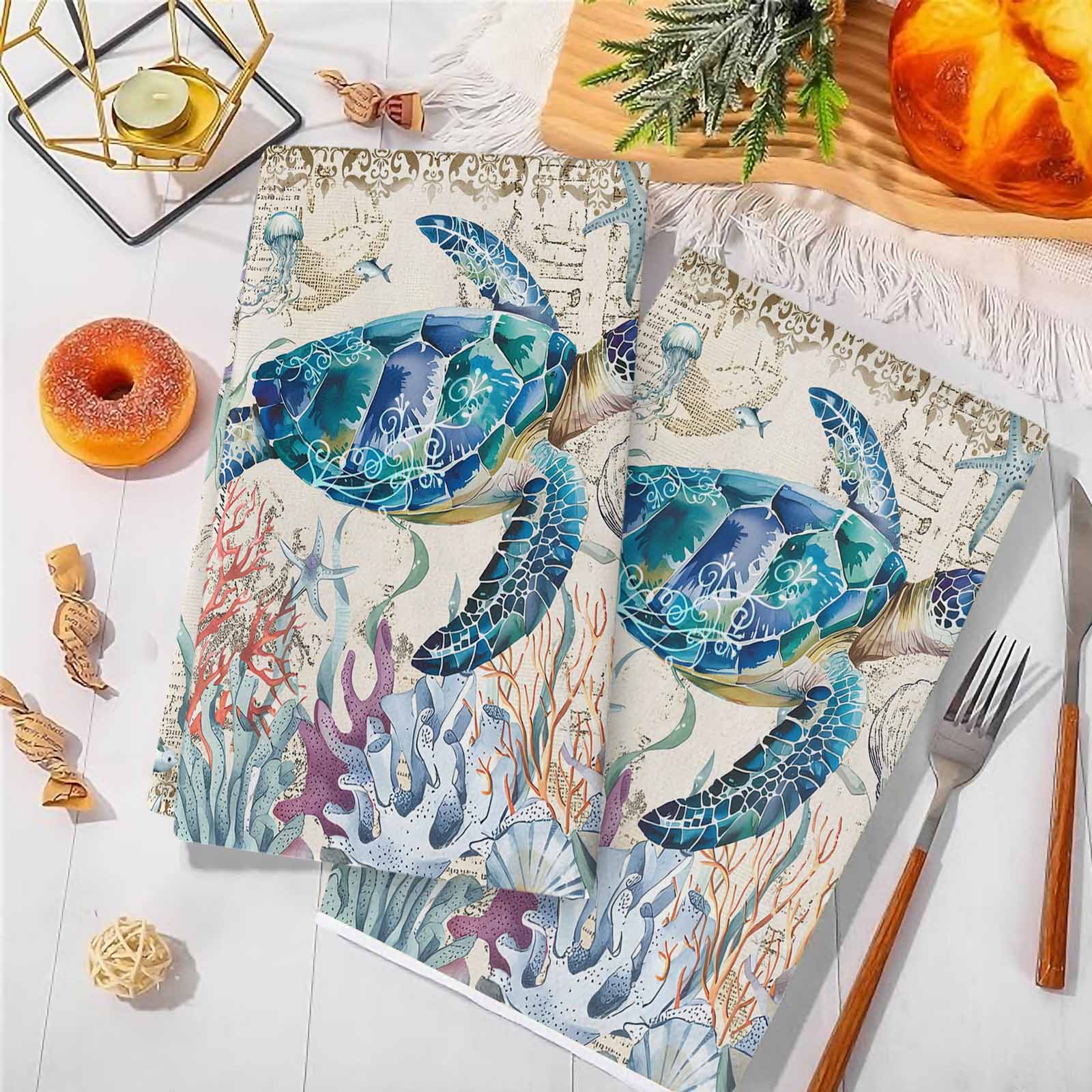 Dish Towels, Sea Turtle Absorbent Kitchen Towels 2 PCS, Vintage Ocean Coral Seagrass Microfiber Hand Towels Dish Cloths Tea Towels for Home&nbsp;Bathroom Cleaning Drying,18X28-Inch,