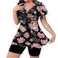 thumbnail image 2 of Antqov Tankini Swimsuits for Women, Plus Size Fashion Print V Neck Drawstring Pleats Short Sleeve Two Piece Swimwear Set with Shorts, Beach Vacation Loose Casual Comfy Bathing Suits for Summer, 2 of 8