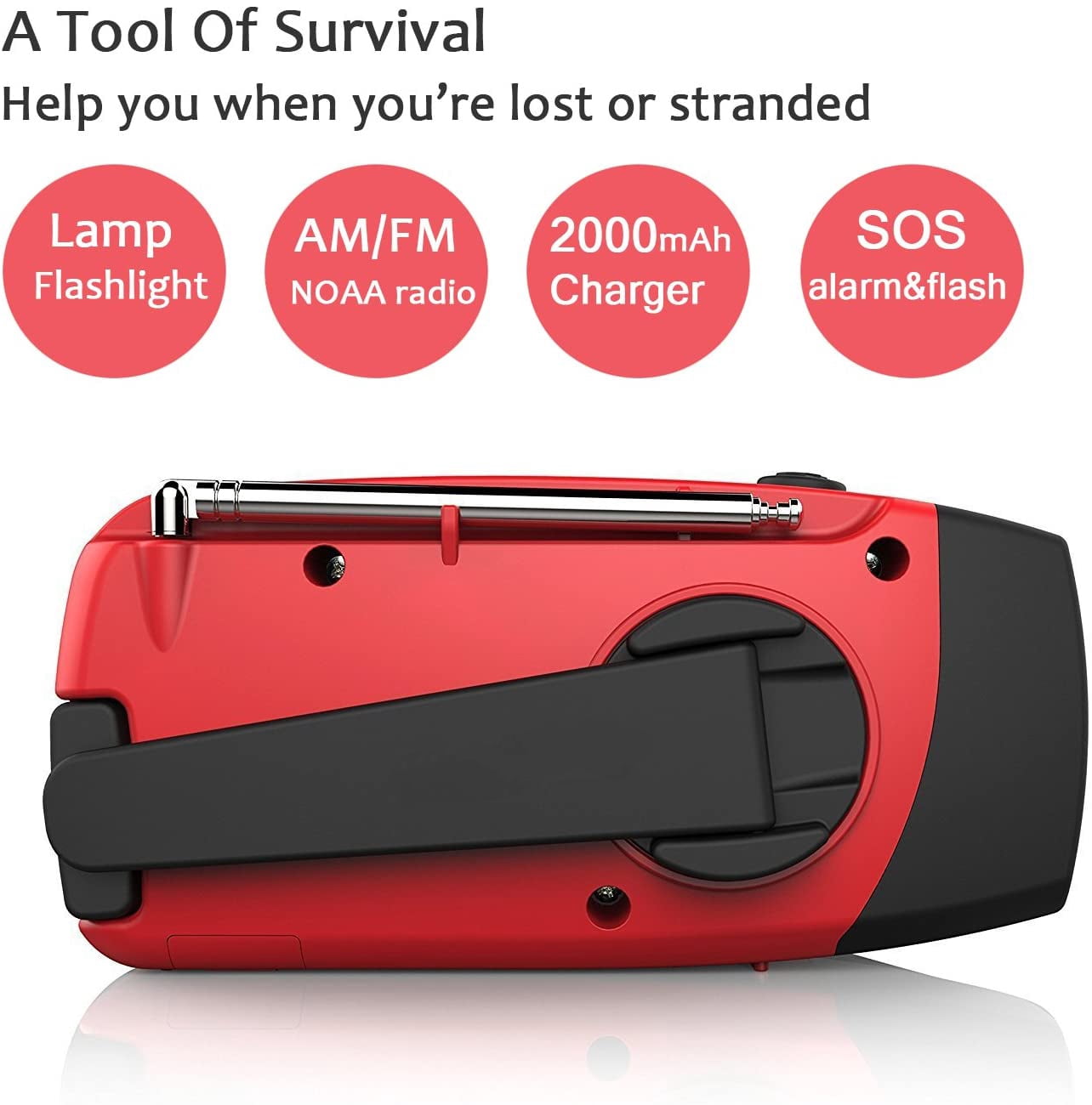 Wewdigi Portable Emergency AM/FM Weather Radio with LED Flashlight, Red, R-10
