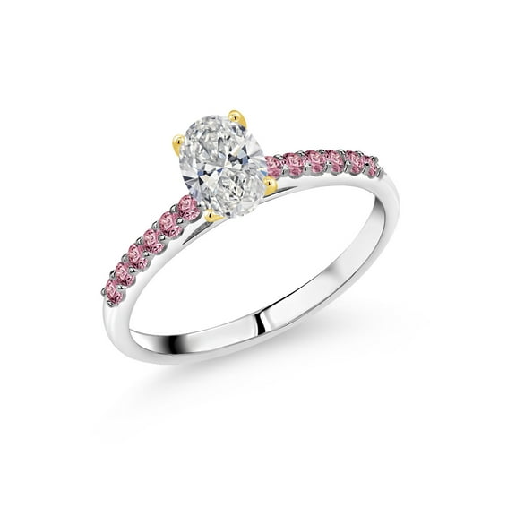 Gem Stone King 925 Silver and 10K Yellow Gold Lab Grown Diamond and Pink Lab Grown Diamond Engagement Ring for Women | 0.88 Cttw | Oval 7X5MM | Gemstone April Birthstone | Size 6